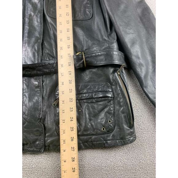 Vintage GAP Leather Jacket Women XL Black Utility Biker Safari Belted Pockets - Picture 8 of 9